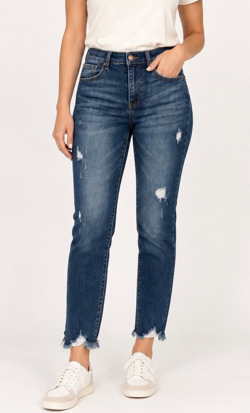RISEN Los Angeles Distressed Slim Straight Jeans 31/27 Raw Hem